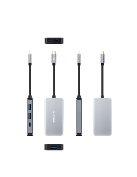 HUB USB-C 5 en 1, Conversor 3.2 GEN1 5G a 3 x USB-A 3.0 + USB-C + USB-C PD 100W, Aluminio, 15 cm, Gris