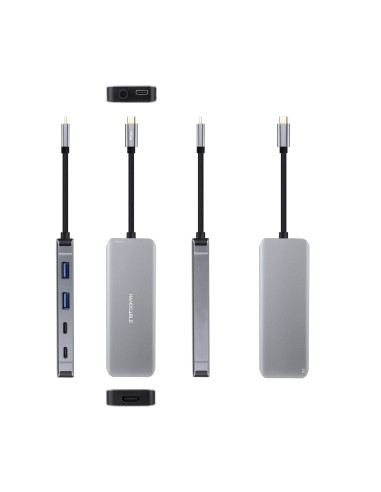HUB USB-C 6 en 1, Conversor USB-C 3.2 GEN1 5G a 2 x USB-A + 2 x USB-C + HDMI + USB-C PD 100W, Aluminio, 15 cm, Gris