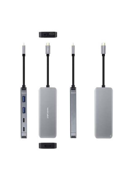 HUB USB-C 6 en 1, Conversor USB-C 3.2 GEN1 5G a 2 x USB-A + 2 x USB-C + HDMI + USB-C PD 100W, Aluminio, 15 cm, Gris