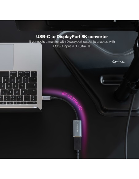 Conversor USB-C a DisplayPort 8K Aluminio, 15 cm, Gris