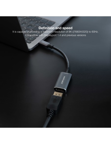 Conversor USB-C a DisplayPort 8K Aluminio, 15 cm, Gris