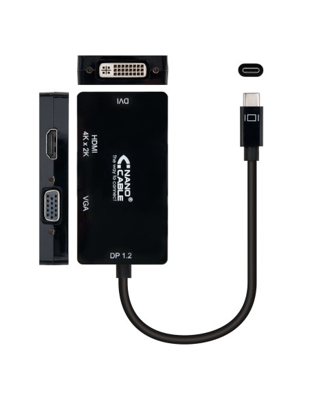Conversor USB-C a VGA / DVI / H???, 3 En 1. USB-C/M-VGA/H-DVI/H-HDMI/H 4K, Negro, 10 cm