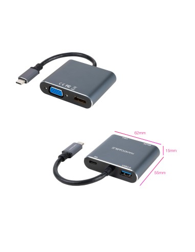 Conversor USB-C a HDMI/VGA/USB3.0/PD 15 cm, Gris