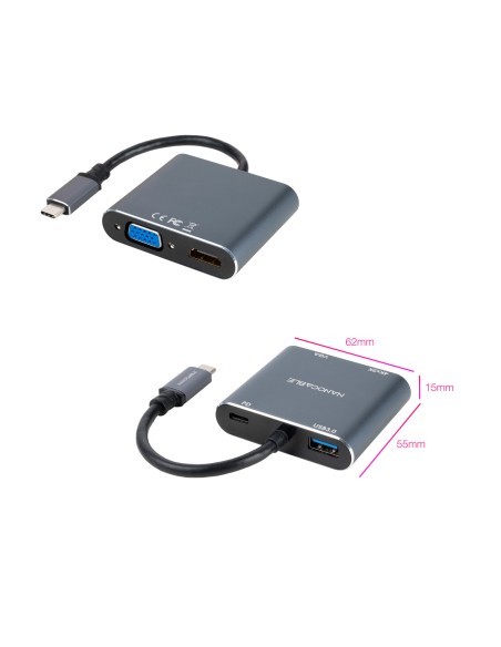 Conversor USB-C a HDMI/VGA/USB3.0/PD 15 cm, Gris