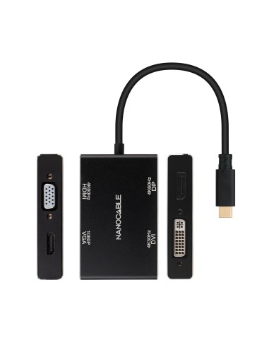 Conversor USB-C/M a HDMI/H + DVI/H + DP/H + VGA/H, Negro, 10 cm