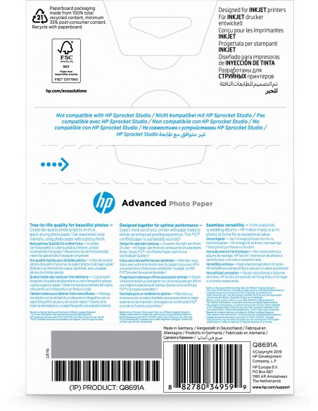 Papel fotográfico Advanced, brillante, 250 g/m2, 10 x 15 cm (101 x 152 mm), 25 hojas