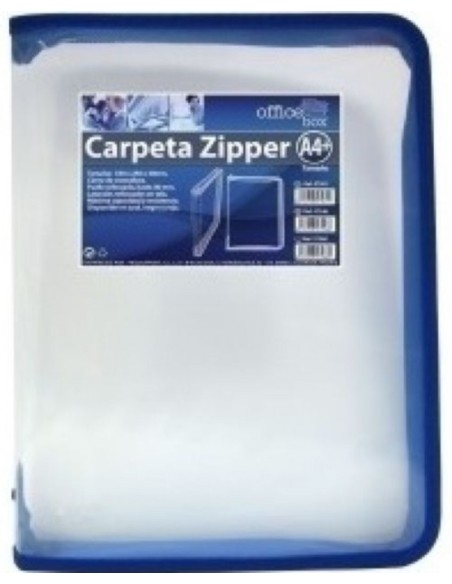 Carpeta zipper a4 transparente con cierre de cremallera y ribete azul