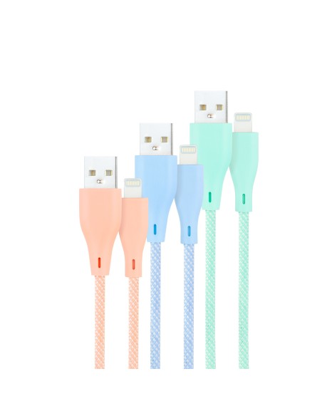 3 Cables Lightning a USB 2.0, Lightning/M-USB A/M, Mallados, Rosa, Azul y Verde, 1 m