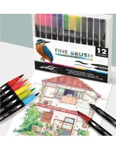 Estuche 12 rotuladores fine brush doble punta colores surtidos