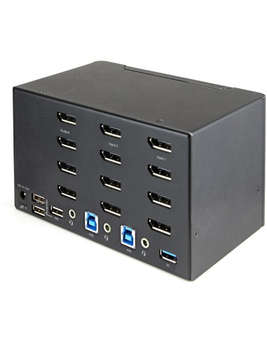 Switch Conmutador KVM de 2 Puertos DisplayPort 1.2 para 4 Monitores - DP HDR UHD 4K de 60Hz - Hub Ladrón de 2 Puertos USB 3.0 (