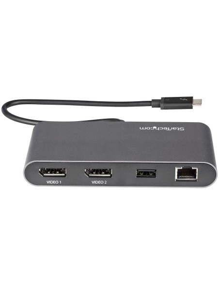 Mini Dock Thunderbolt 3 - Docking Station Portátil para 2 Monitores con DP 4K 60Hz, 1x Hub USB-A (USB 3.0/5 Gbps), GbE - Cable 
