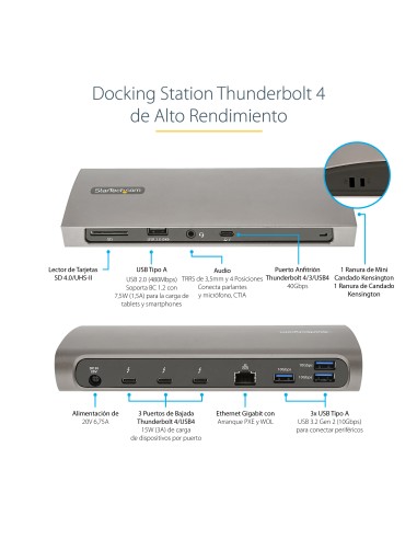Docking Station Thunderbolt 4, PD de 96W, para 1 Monitor de 8K/para 2 Monitores de 4K 60Hz, 3xTB4/USB4, 4xUSB-A/SD/GbE, Replica