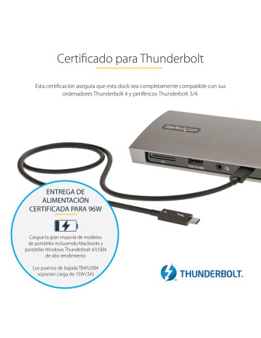 Docking Station Thunderbolt 4, PD de 96W, para 1 Monitor de 8K/para 2 Monitores de 4K 60Hz, 3xTB4/USB4, 4xUSB-A/SD/GbE, Replica