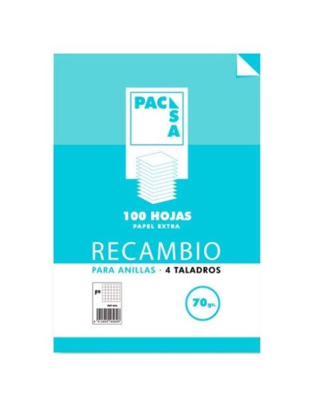 RECAMBIO 70 GRS. 4 TALADROS FOLIO (215X310MM.) 100 HOJAS CUADRÍCULA 4X4 CON MARGEN PACSA 21211