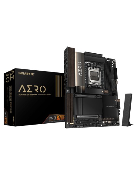 X870E AERO X3D DARK WOOD Placa Base  Compatible con CPUs AMD Ryzen 9000, VRM digital de 16+2+2 fases, hasta 9000 Hz DDR5 (OC), 