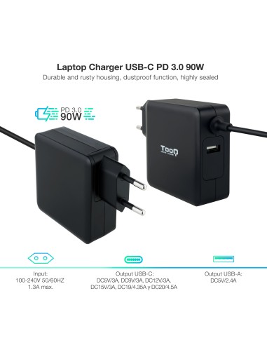TQLC-USBC90PD adaptador e inversor de corriente Auto 90 W Negro