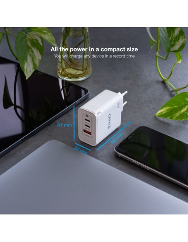 Cargador de Pared GaN 2USB-C/PD + USB-A/QC 65W, Blanco