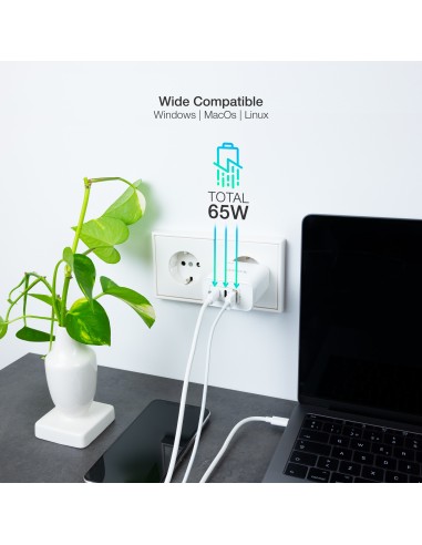 Cargador de Pared GaN 2USB-C/PD + USB-A/QC 65W, Blanco