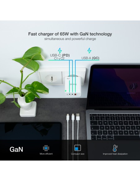 Cargador de Pared GaN 2USB-C/PD + USB-A/QC 65W, Blanco