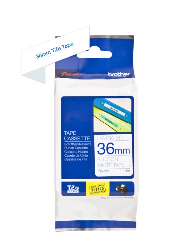 TZE-263 cinta para impresora de etiquetas Azul sobre blanco