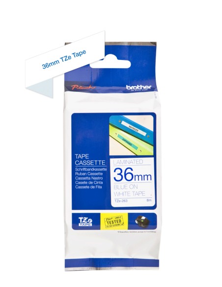 TZE-263 cinta para impresora de etiquetas Azul sobre blanco