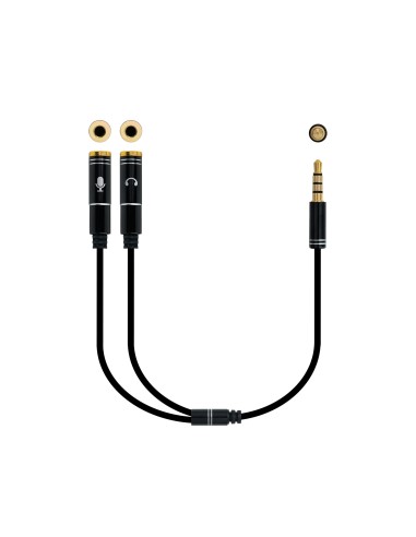 Cable adaptador Audio Jack 3.5/M 4pines - 2xJack 3.5/H 3pines, negro, 30 cm
