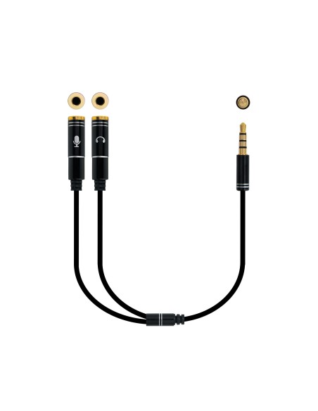 Cable adaptador Audio Jack 3.5/M 4pines - 2xJack 3.5/H 3pines, negro, 30 cm