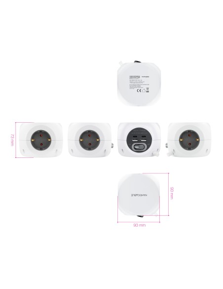 Base de 3 enchufes con 4 USB's (2 USB A + 2 USB-C), con interruptor