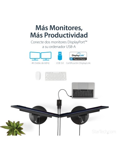 Adaptador Gráfico Externo USB 3.0 a DisplayPort Doble 4K60 DisplayLink - Cable Conversor USB 3.0 a DP de Vídeo