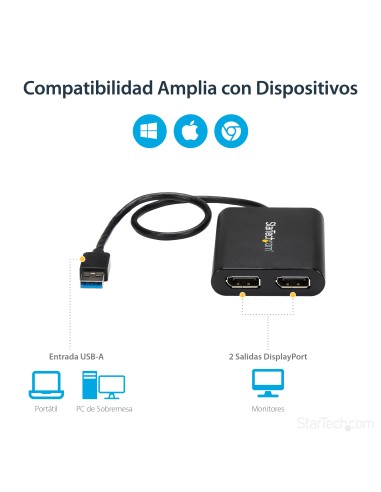 Adaptador Gráfico Externo USB 3.0 a DisplayPort Doble 4K60 DisplayLink - Cable Conversor USB 3.0 a DP de Vídeo
