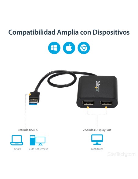 Adaptador Gráfico Externo USB 3.0 a DisplayPort Doble 4K60 DisplayLink - Cable Conversor USB 3.0 a DP de Vídeo