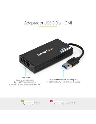 Adaptador Gráfico Externo USB 3.0 a HDMI - UltraHD 4K 30Hz - Certificado DisplayLink - Conversor USB-A a HDMI para Monitor - Ta
