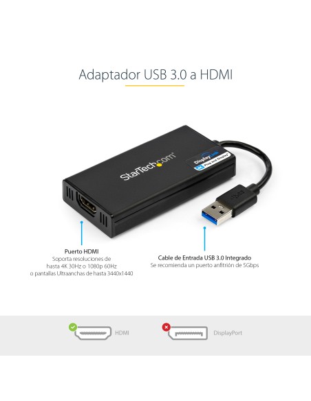 Adaptador Gráfico Externo USB 3.0 a HDMI - UltraHD 4K 30Hz - Certificado DisplayLink - Conversor USB-A a HDMI para Monitor - Ta
