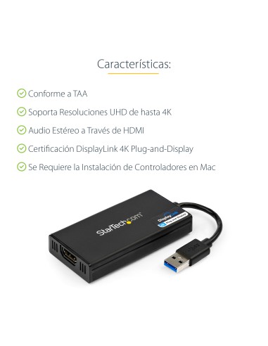 Adaptador Gráfico Externo USB 3.0 a HDMI - UltraHD 4K 30Hz - Certificado DisplayLink - Conversor USB-A a HDMI para Monitor - Ta