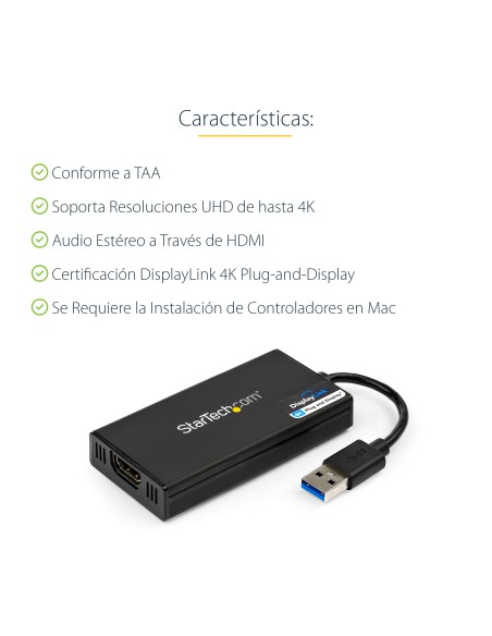 Adaptador Gráfico Externo USB 3.0 a HDMI - UltraHD 4K 30Hz - Certificado DisplayLink - Conversor USB-A a HDMI para Monitor - Ta