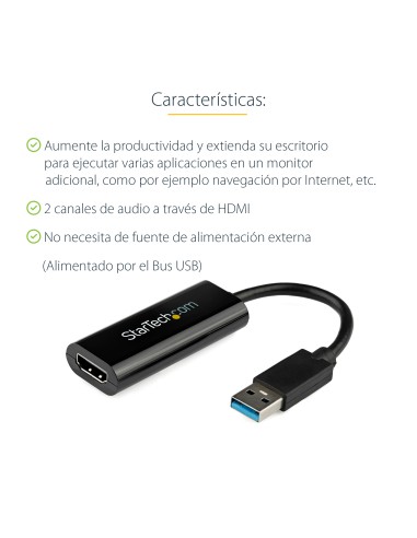 Adaptador USB 3.0 a HDMI - 1080p (1920x1200) - Adaptador Conversor Compacto de USB-A a HDMI para Monitor - Adaptador Gráfico Ex