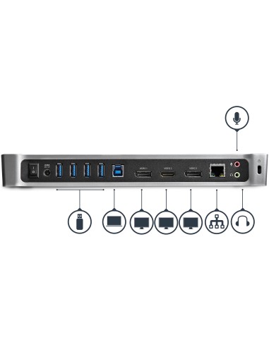 Docking Station USB 3.0 2x DisplayPort y HDMI 4K para 3 Monitores - Hub 5x USB-A (1x Fast Charge) - Audio de 3,5mm - Red GbE - 