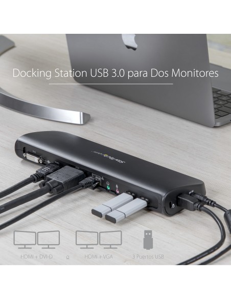 Docking Station USB 3.0 de 2 Monitores para Portátil - HDMI/DVI/VGA - Hub Ladrón 3x USB-A - GbE - Audio - Replicador de Puertos