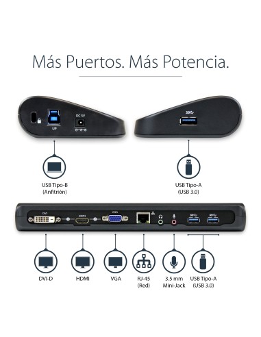 Docking Station USB 3.0 de 2 Monitores para Portátil - HDMI/DVI/VGA - Hub Ladrón 3x USB-A - GbE - Audio - Replicador de Puertos
