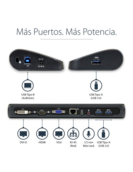 Docking Station USB 3.0 de 2 Monitores para Portátil - HDMI/DVI/VGA - Hub Ladrón 3x USB-A - GbE - Audio - Replicador de Puertos