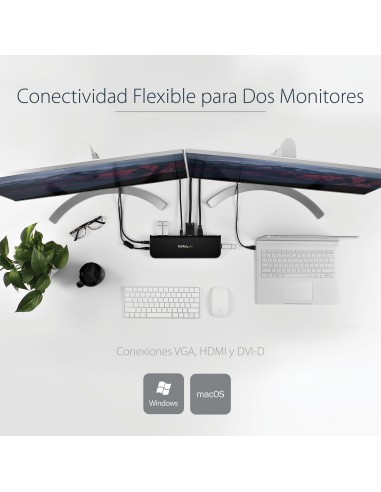 Docking Station USB 3.0 de 2 Monitores para Portátil - HDMI/DVI/VGA - Hub Ladrón 3x USB-A - GbE - Audio - Replicador de Puertos