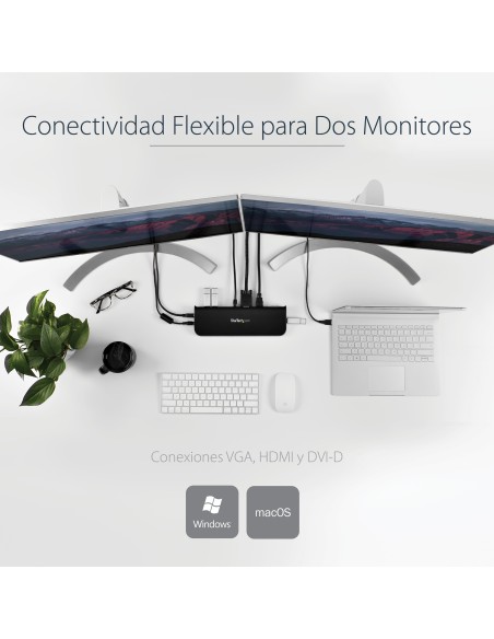 Docking Station USB 3.0 de 2 Monitores para Portátil - HDMI/DVI/VGA - Hub Ladrón 3x USB-A - GbE - Audio - Replicador de Puertos