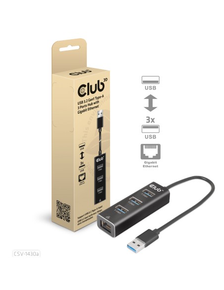 USB 3.2 Gen1 Tipo-A, Hub de 3 Puertos con Gigabit Ethernet