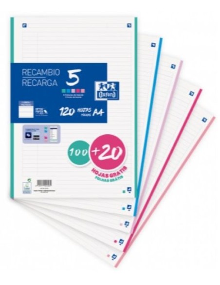 Recambio 5 multicolor a4 10020h 90g 4 taladros 1horizont con 5 colores de banda pastel