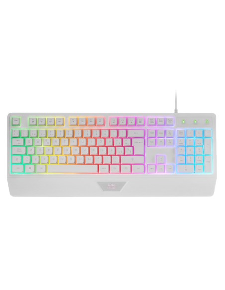 MK124, Teclado Ergonómico H-Mech, Reposamuñecas Integrado, Iluminación FRGB Rainbow, Teclado Gaming Antighosting Avanzado, Tecla