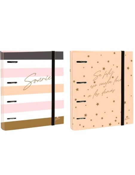 MARIOLA CARPEBLOCK 4 ANILLAS MIXTAS 40 MM CARTÓN FORRADO PAPEL PLASTIFICADO MATE C/GOMA C/FRASES 6 DISEÑOS SURTIDOS