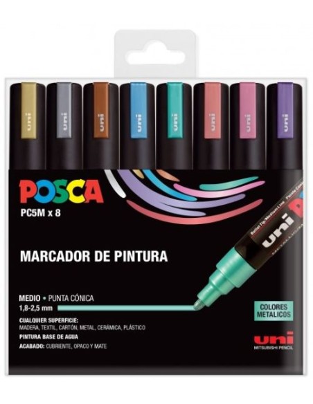 Estuche 8 rotuladores posca m5 uni ball colores metalicos