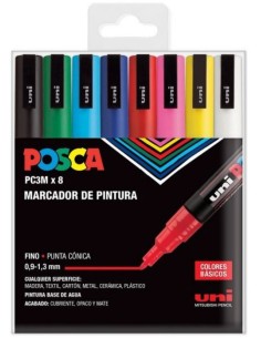 Estuche 8 rotuladores posca PC3MR uni ball colores basicos