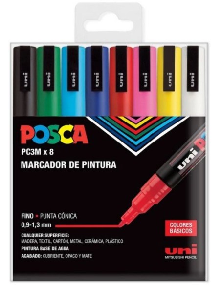 Estuche 8 rotuladores posca PC3MR uni ball colores basicos