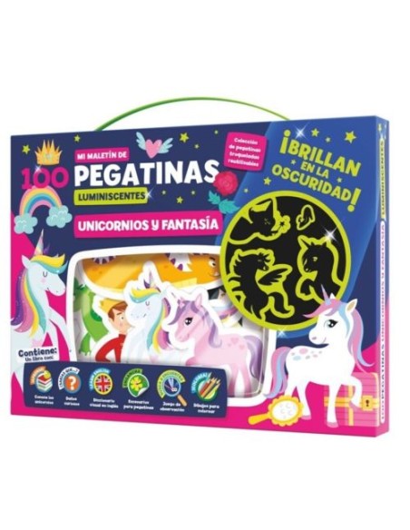 MALETIN 100 PEGATINAS LUMINISCENTES UNICORNIOS Y FANTASIA